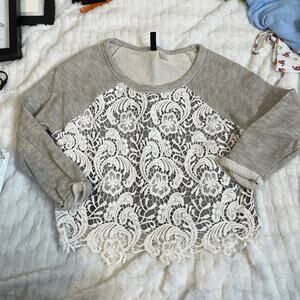 H&M DIVIDED Grey Lace Longsleeve Sweater Top Fleece Crew Neck Extra Small XS